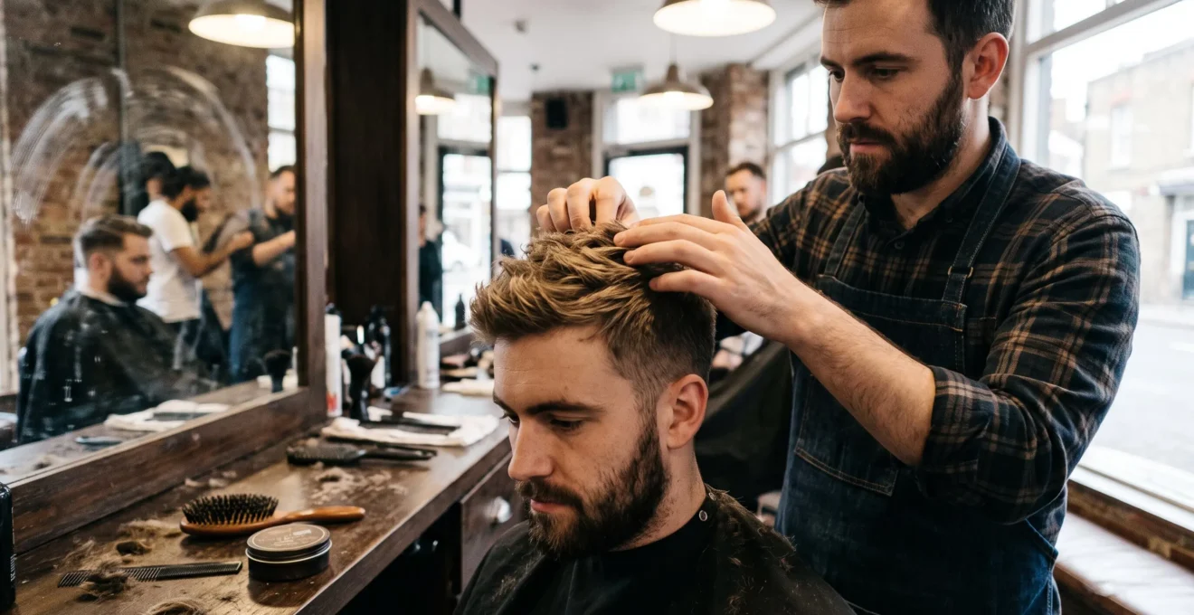 Un barbier répartit de la cire mate entre ses doigts dans les cheveux d'un client assis dans un fauteuil de barbershop, donnant une finition texturée sans brillance.