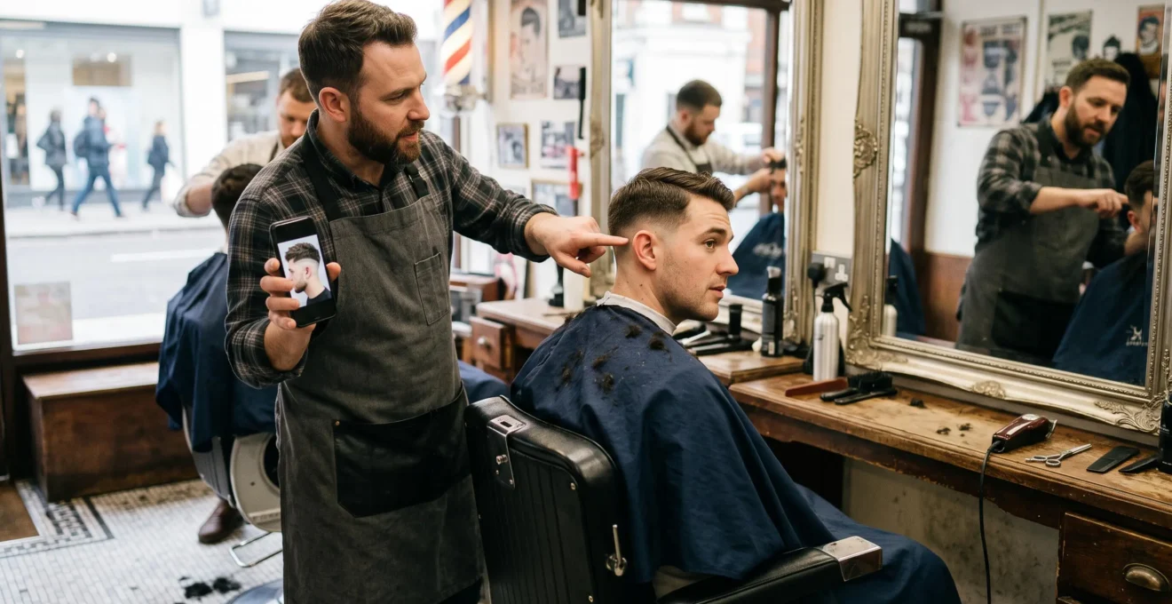 Un barbier montre une photo de référence sur son téléphone à un client assis dans un fauteuil de barbier et lui explique l'undercut prévu.