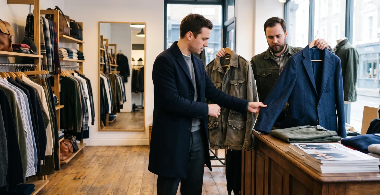 Un client compare en boutique deux vestes masculines, l'une usée et boulochée, l'autre en laine dense et bien finie, en touchant le tissu du vêtement le plus solide.