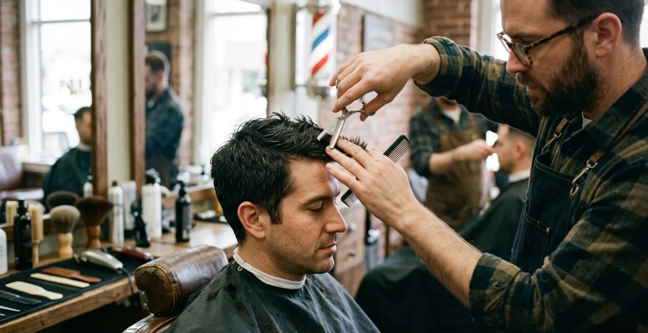 Un coiffeur taille les cheveux du dessus de la tête d'un client assis avec des ciseaux sculpteurs, en soulevant une mèche au peigne.