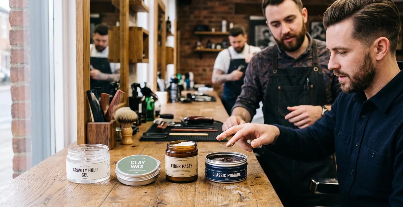Quatre produits coiffants ouverts, gel, cire, pâte et pommade, alignés sur un comptoir de barbier avec une main prélevant un peu de matière.