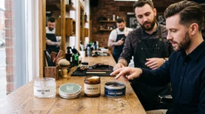 Quatre produits coiffants ouverts, gel, cire, pâte et pommade, alignés sur un comptoir de barbier avec une main prélevant un peu de matière.