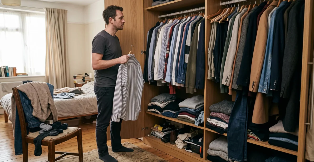 Un homme se tient devant une armoire ouverte remplie de vêtements et examine une chemise sur cintre, cherchant quoi porter.